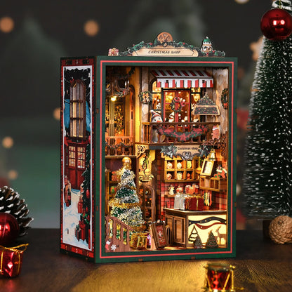 Popular DIY Christmas Book Nook Kit Miniature House with LED Light Wooden Bookshelf Insert Home Decor Holiday Gift