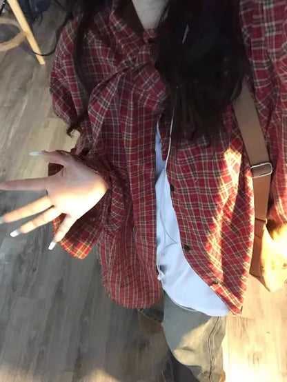 Red Plaid Loose Long Sve irt Women's Spring 2026 New Lazy Sle Coat Top Commute Pattern Button oulder Drop Length