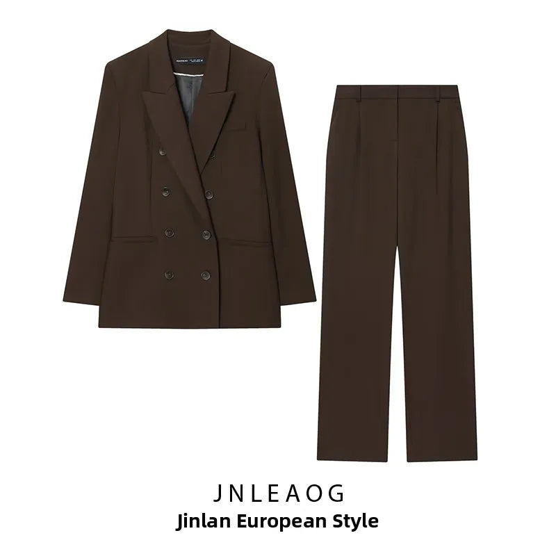 Autumn New Style Women's Suit Jacket with Shoulder Pads Double Row Buttons Pleated Straight Leg Pants Fashionable Two-Piece Set