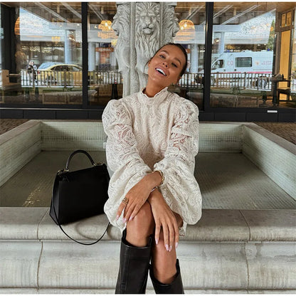 Trendy Lady Hollow Out Lace Mini Dress Elegant 2025 New Long Sleeve Designs Chic High Neck Short Vestidos Autumn Club Night Gown