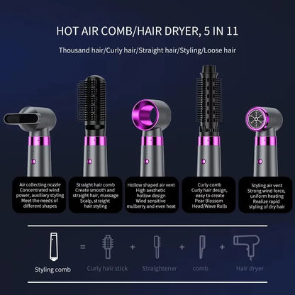 5 in 1 Multifunction Hair Dryer Hot Air Comb with Automatic Curling Rod Straightener Fast Dry Salon Tool