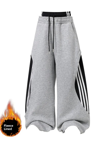 Retro American Fleece Lined Thickened Knife  Wide Leg Pants Women's Winter Double Waist Dance Trousers Casual Striped Pants