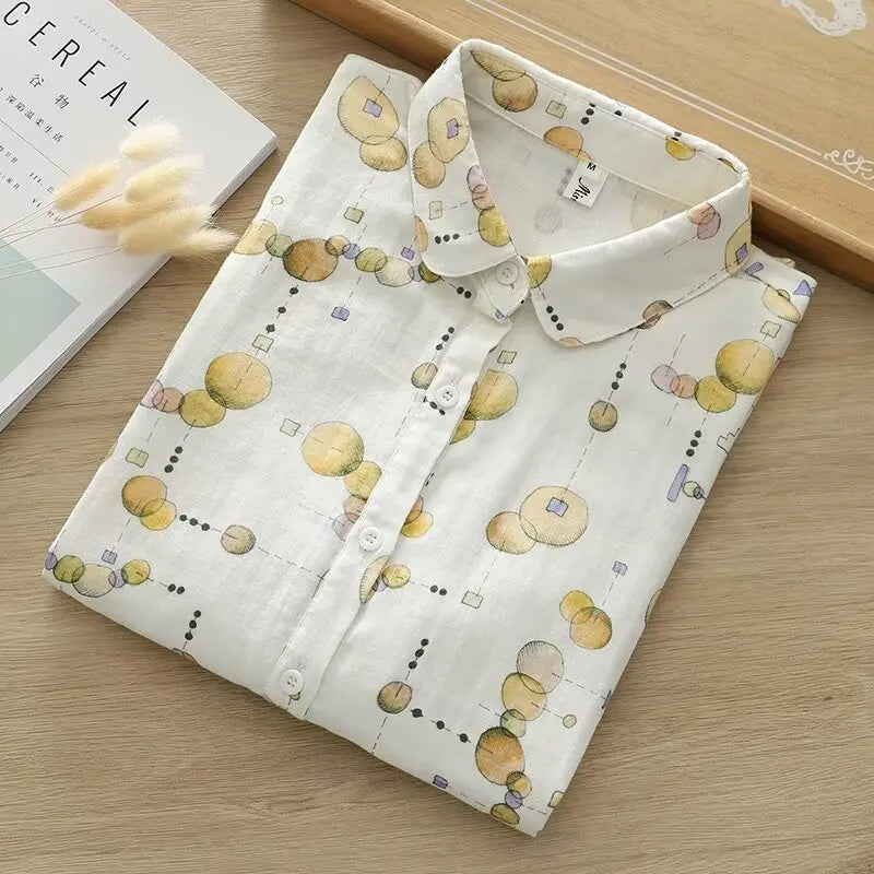 Fresh Women's Mushroom Printed Shirt 2024 New Lady Loose Cotton Long Sleeve Flower Print Shirts & Blouses Female Tops Clothes
