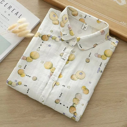 Fresh Women's Mushroom Printed Shirt 2024 New Lady Loose Cotton Long Sleeve Flower Print Shirts & Blouses Female Tops Clothes