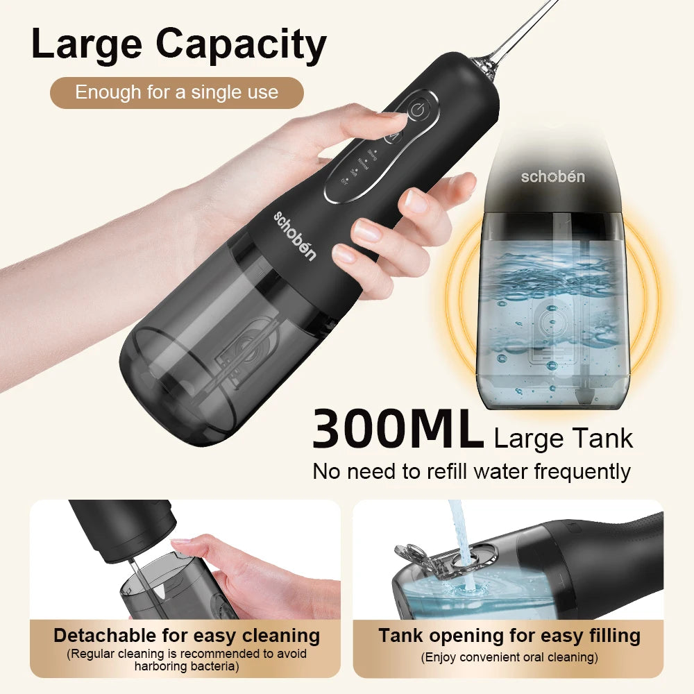 Schoben Water Flosser 2.0, a portable oral irrigator, is a rechargeable electric flosser featuring 4 cleaning modes, 5 nozzles,