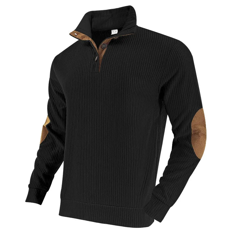 Men's Ribbed Henley Sweater Half Zip Pullover with Elbow Patches Stand Collar Long Sleeve Casual Retro Autumn Top