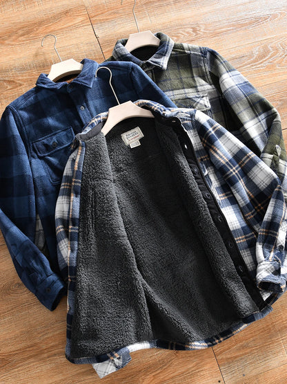 Double-Sided Fleece Plaid Shirt Jacket Thickened Casual Men's Winter Outerwear American Style Standard Fit Long Sleeve Button...