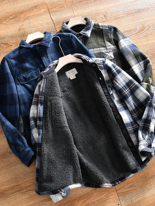 Double-Sided Fleece Plaid Shirt Jacket Thickened Casual Men's Winter Outerwear American Style Standard Fit Long Sleeve Button...