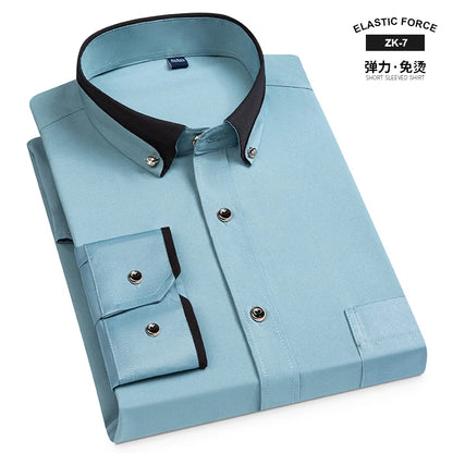 Fashion Color Contrast Men's Elastic Non-iron Long-sleeved Business Shirts Diamond Button Single Pocket Comfort Workwear Clothes