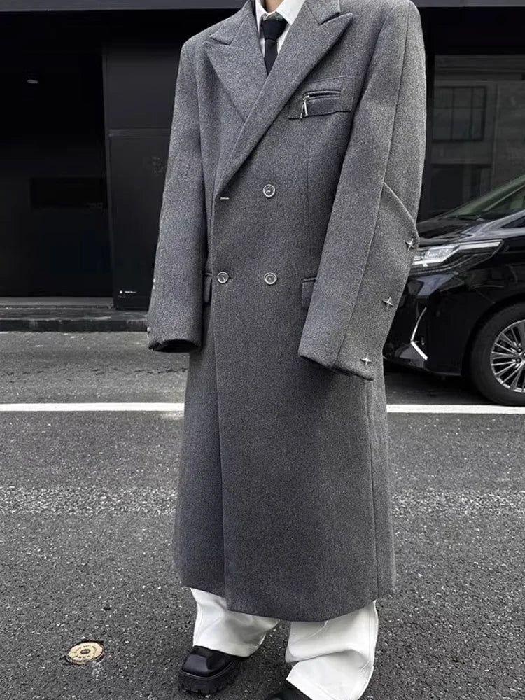 Autumn Winter Men's Shoulder Length Woolen Coat over Knee Double Breasted Windbreaker Outerwear Fashionable Korean Style