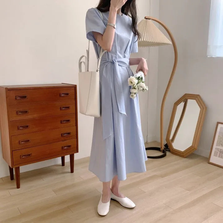 Elegant Pure Color Slim Fit Dress with Belt High Waist Spring Summer Autumn Short Sleeve Casual High Waist Skirt