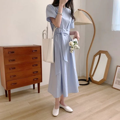 Elegant Pure Color Slim Fit Dress with Belt High Waist Spring Summer Autumn Short Sleeve Casual High Waist Skirt