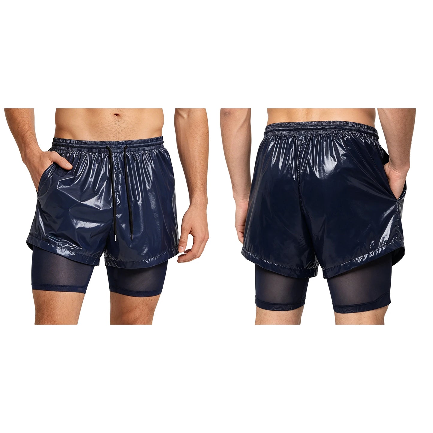 Men Oil Glossy Cargo Shorts Waterproof Elastic Waist Band Multi-pocket Zipper Overalls Capri Pants Dance Clubwear Beach Swimwear