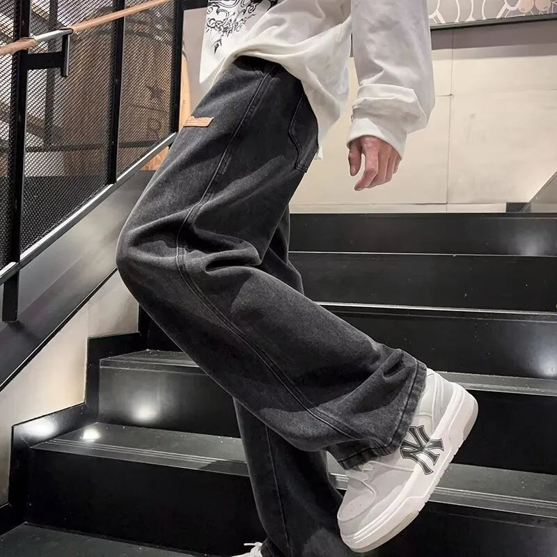 Men's Y2K Baggy Jeans Drawstring Elastic Waist Washed Denim Pants Straight Leg Wide Leg Streetwear Loose Fit Trousers