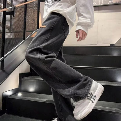 Men's Y2K Baggy Jeans Drawstring Elastic Waist Washed Denim Pants Straight Leg Wide Leg Streetwear Loose Fit Trousers