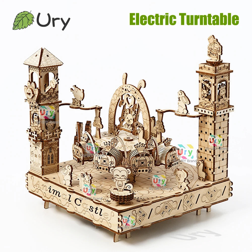 Rotatable DIY 3D Wooden Puzzles Electric Zoo Animals Amusement Park Turntable Model Mechanical Kits Decor Toys Gifts