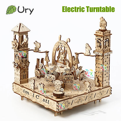 Rotatable DIY 3D Wooden Puzzles Electric Zoo Animals Amusement Park Turntable Model Mechanical Kits Decor Toys Gifts