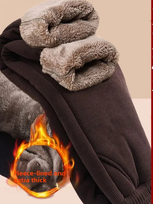 Thickened Fleece Lined Corduroy Winter Pants for Mom High Waist Loose Fit Straight Leg Warm Casual Trousers for Women over 40