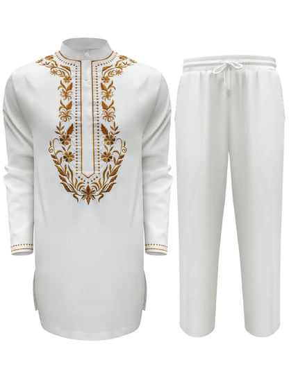 2026 New White Embroidered Men's 2-piece Suit Men's Outfit 2026 Muslim Long Dress Robe Abaya Ramadan Dubai Luxury Islam Elegant