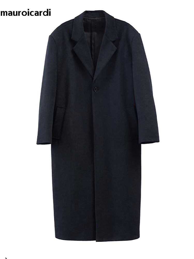 Mauroicardi Autumn Winter Long Oversized Black Woolen Trench Coat Men Shoulder Pads Single Breasted Luxury Cocoon Overcoat 2022