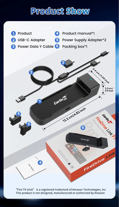 CarlinKit FireDrive Link Pro Wireless CarPlay Adapter for Amazon Fire TV Stick HDMI Android Auto Car TV Mate Video Streaming Box
