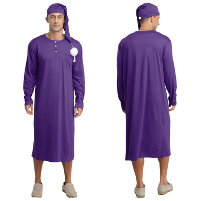 Mens Solid Color Long Sleeve Sleep Robe with Night Cap Round Neck Big & Tall Nightshirts Home Loungewear Pajamas Sleepwear