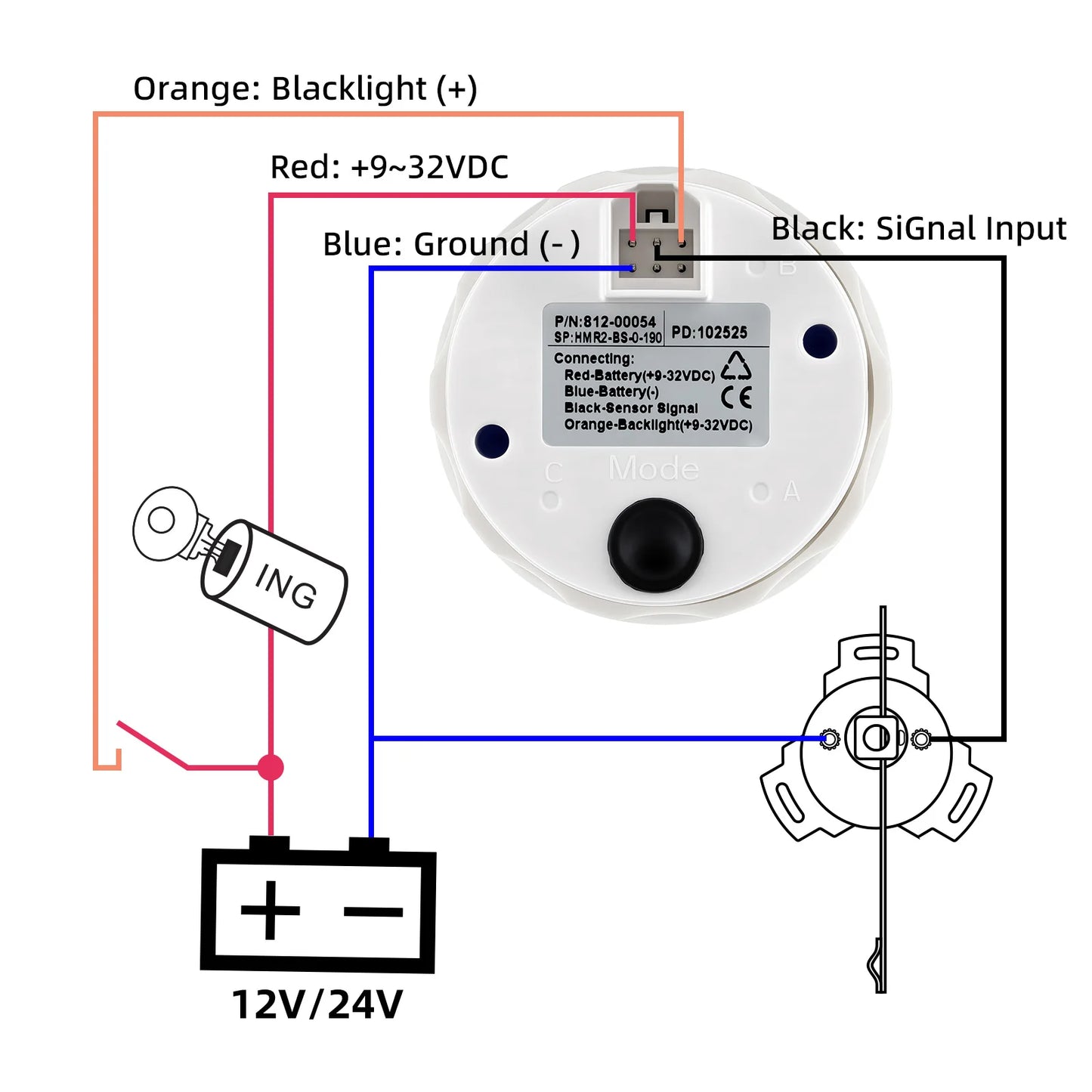 52MM Rudder Angle Indicator with 8 colors backlight Waterproof Rudder Position Gauge with Sensor 0-190ohm for Boat Yacht Marine