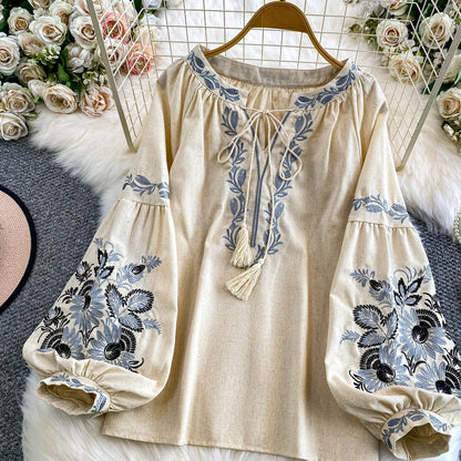 Bohemian Vacation Style Women's Shirt round Neck Lantern Sleeve Embroidery Heavy Work Autumn Design Sense Knot Design Top