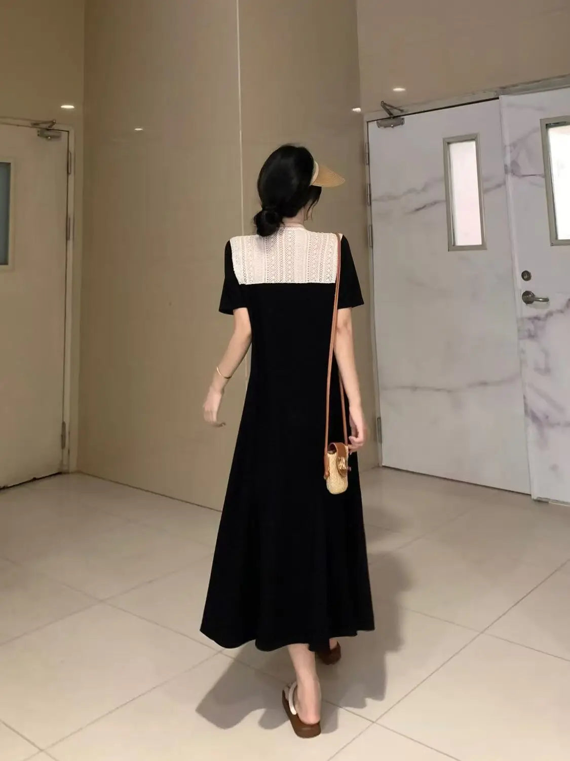 Naval Collar Lace Trim Slimming Long Dress French Style Loose Fit Mommy's Summer Dress mid Waist Design Casual  Knot