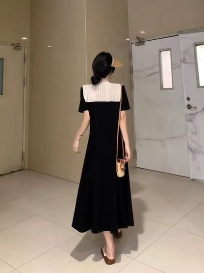 Naval Collar Lace Trim Slimming Long Dress French Style Loose Fit Mommy's Summer Dress mid Waist Design Casual  Knot