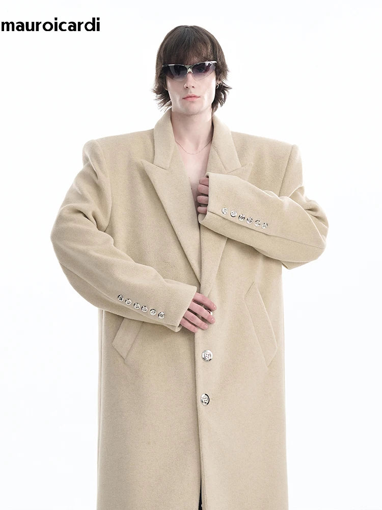 Mauroicardi Autumn Winter Oversized Extra Long Warm Black Wool Blends Coat Men Luxury Designer Floor Length Woolen Overcoat 2024