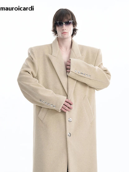 Mauroicardi Autumn Winter Oversized Extra Long Warm Black Wool Blends Coat Men Luxury Designer Floor Length Woolen Overcoat 2024