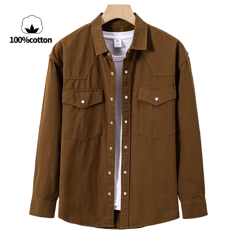 100% Cotton Workwear Shirt Jacket, Korean Snap Button Design, Enzyme Wash Vintage, Khaki Black Grey Beige S-4XL