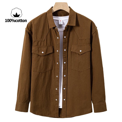 100% Cotton Workwear Shirt Jacket, Korean Snap Button Design, Enzyme Wash Vintage, Khaki Black Grey Beige S-4XL