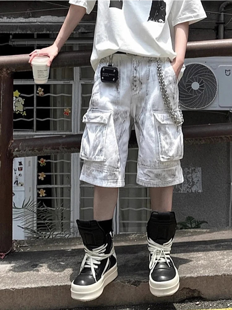 Summer Washed Distressed Workwear Shorts Men's Trendy Street Style Loose Wide Leg Big Pocket Seven-Foot Pants Casual Trousers