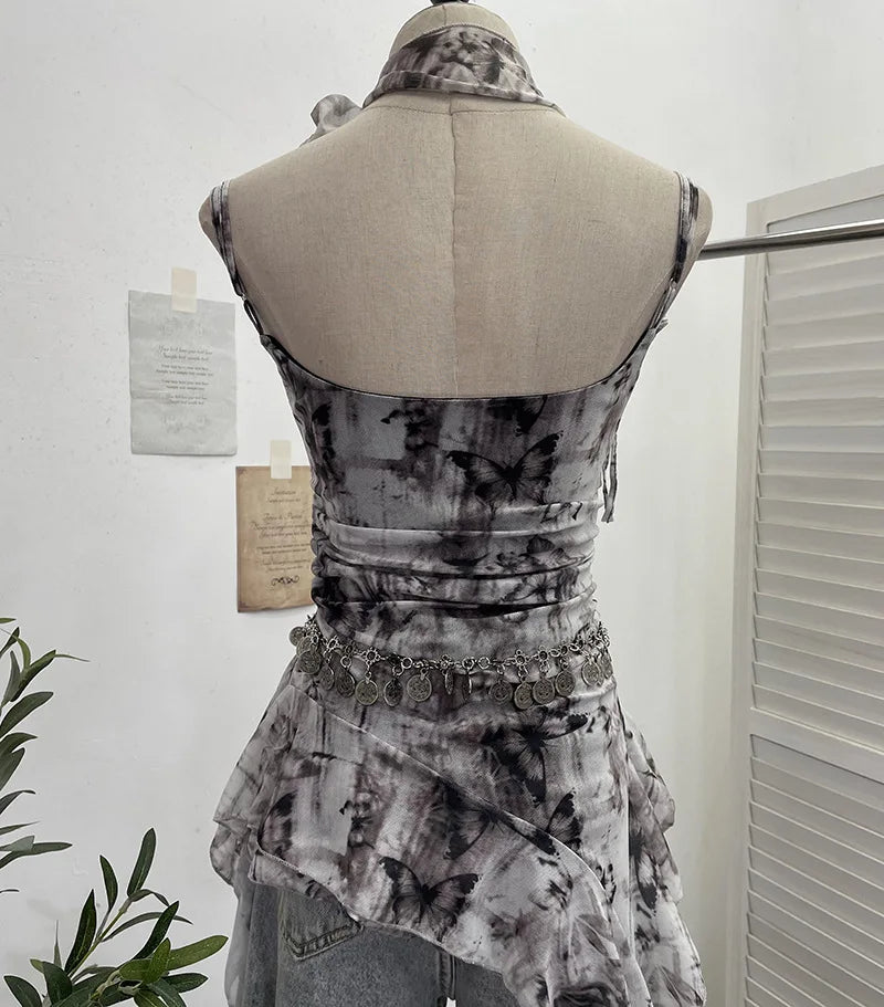 Women's Vintage Tie-dye Printed Mesh Spaghetti Strap Camisole Hot Girl Irregular Ruffled Ribbon Sleeveless Top Partyclub 1185