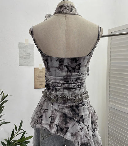 Women's Vintage Tie-dye Printed Mesh Spaghetti Strap Camisole Hot Girl Irregular Ruffled Ribbon Sleeveless Top Partyclub 1185