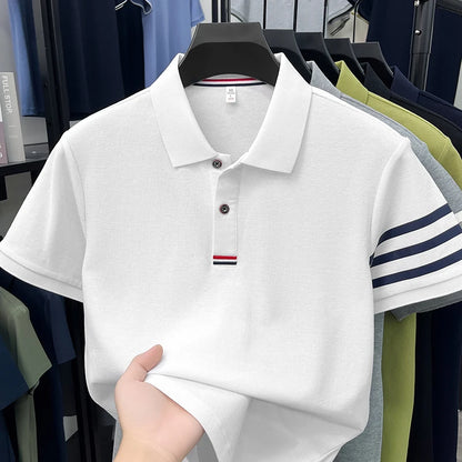 High End Luxury Men's Pure Cotton Short Sleeved Summer New Item 2026 Business Casual Daily Lapel T-shirt Striped Polo Shirt