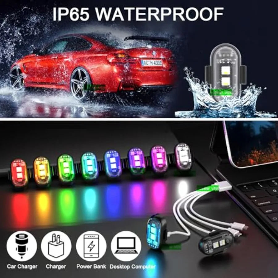 Wireless Strobe Lights with Remote Control Motorcycle Car LED 8 Colors Anti-Collision USB Charing Waterproof Interior Emergency