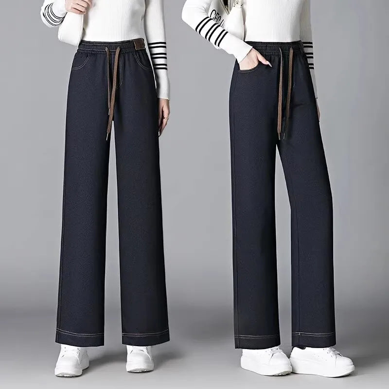 Women's Fleece Lined Wide Leg Pants High Waist Elastic Casual Mom Straight Leg Jeans Style Autumn Winter Fashion Loose Fit