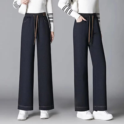 Women's Fleece Lined Wide Leg Pants High Waist Elastic Casual Mom Straight Leg Jeans Style Autumn Winter Fashion Loose Fit