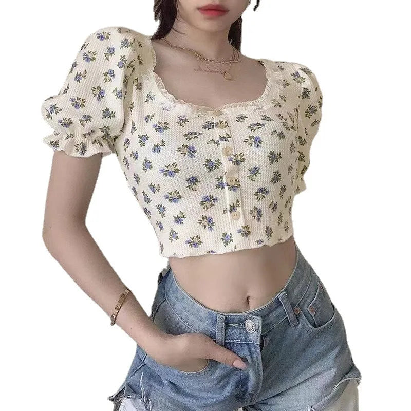 Floral Print Square Neck Short Sleeve Slim Fit T-Shirt Women's Summer 2026 New Bubble Sleeve Belly Baring Trendy Top