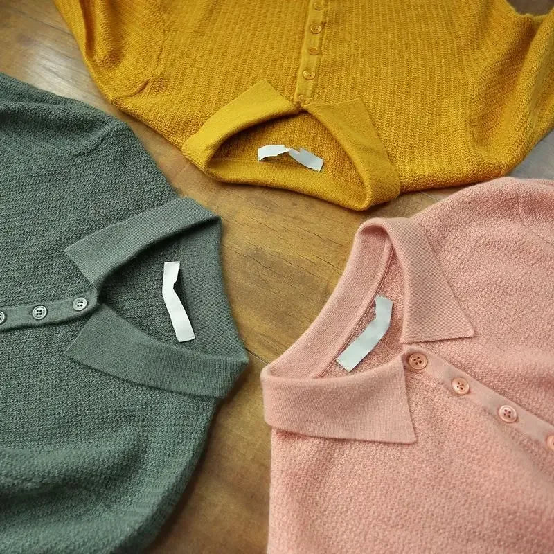 Yellow Polo Neck Shirt Button Knit Pink Women's T Shirts Plain Top Clothes Short Sleeve Tee New Synthetic Aesthetic Summer 2025