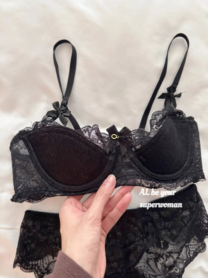 Sexy Lace Half Cup Bra Set Women Soft Underwire Gathered Thin Push Up Lightweight Exquisite Lace Comfort Lingerie Set 4 Colors