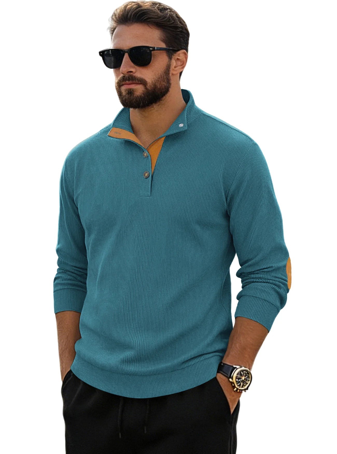 Men‘s Corduroy Button Up Pullover Stand Collar Contrast Elbow Patch Casual Top 2026