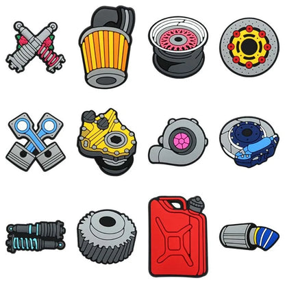1-12Pcs Cartoon Car Parts PVC Garden Shoes Buckle Clog Charms Adult Clog Sandals Shoes Decorations DIY Men Backpack Party Gifts