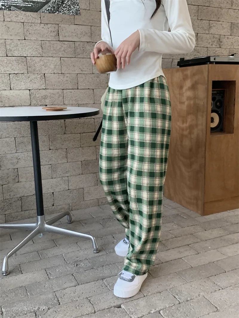 Women Plaid Pants High Waist Wide Leg Flared Trousers Thick Fleece Lined Winter Thermal Lounge Casual Straight Leg Bottoms