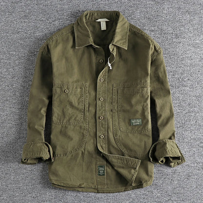 Classic Retro Work Shirt with Distressed and Heavy Washed Design, A Timeless Style for Everyday Wear