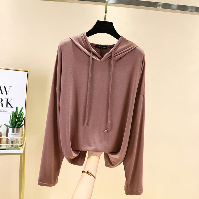 Spring Summer New Modal Long Sleeve Hoodie T-Shirt Women plus Size Loose Base Shirt Slimming Sun Protection Top Korean Style