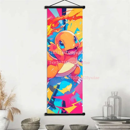 Anime Pokemon Scroll Painting Bulbasaur Charmander Squirtle Poster and Print Watercolor Wall Art Picture Home Decor Kids Gifts